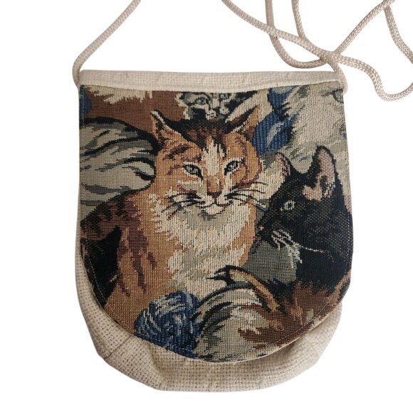 Tapestry Cat Design Cross Over mini Purse Beige Light Weight - Picture 3 of 8